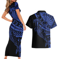 Blue Marquesas Islands Couples Matching Short Sleeve Bodycon Dress and Hawaiian Shirt Marquesan Matatiki Hammerhead Shark Patutiki LT14 - Polynesian Pride