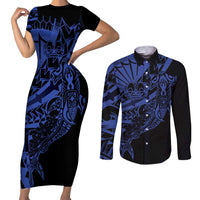 Blue Marquesas Islands Couples Matching Short Sleeve Bodycon Dress and Long Sleeve Button Shirt Marquesan Matatiki Hammerhead Shark Patutiki LT14 Blue - Polynesian Pride