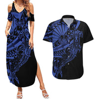 Blue Marquesas Islands Couples Matching Summer Maxi Dress and Hawaiian Shirt Marquesan Matatiki Hammerhead Shark Patutiki LT14 Blue - Polynesian Pride
