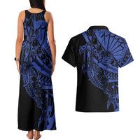Blue Marquesas Islands Couples Matching Tank Maxi Dress and Hawaiian Shirt Marquesan Matatiki Hammerhead Shark Patutiki LT14 - Polynesian Pride