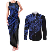Blue Marquesas Islands Couples Matching Tank Maxi Dress and Long Sleeve Button Shirt Marquesan Matatiki Hammerhead Shark Patutiki LT14 Blue - Polynesian Pride
