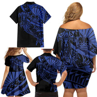 Blue Marquesas Islands Family Matching Off Shoulder Short Dress and Hawaiian Shirt Marquesan Matatiki Hammerhead Shark Patutiki LT14 - Polynesian Pride