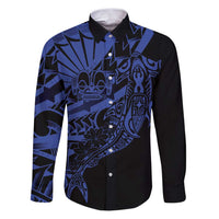 Blue Marquesas Islands Family Matching Puletasi and Hawaiian Shirt Marquesan Matatiki Hammerhead Shark Patutiki LT14 Dad's Shirt - Long Sleeve Blue - Polynesian Pride