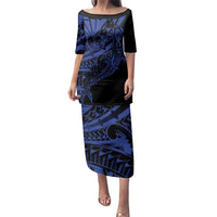 Blue Marquesas Islands Family Matching Puletasi and Hawaiian Shirt Marquesan Matatiki Hammerhead Shark Patutiki LT14 Mom's Dress Blue - Polynesian Pride