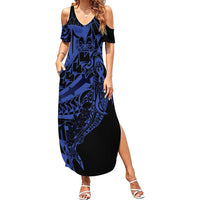 Blue Marquesas Islands Family Matching Summer Maxi Dress and Hawaiian Shirt Marquesan Matatiki Hammerhead Shark Patutiki LT14 Mom's Dress Blue - Polynesian Pride