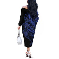 Blue Marquesas Islands Off The Shoulder Long Sleeve Dress Marquesan Matatiki Hammerhead Shark Patutiki - Polynesian Pride