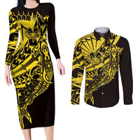 Yellow Marquesas Islands Couples Matching Long Sleeve Bodycon Dress and Long Sleeve Button Shirt Marquesan Matatiki Hammerhead Shark Patutiki LT14 Yellow - Polynesian Pride