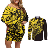 Yellow Marquesas Islands Couples Matching Off Shoulder Short Dress and Long Sleeve Button Shirt Marquesan Matatiki Hammerhead Shark Patutiki LT14 Yellow - Polynesian Pride