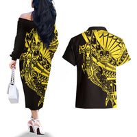 Yellow Marquesas Islands Couples Matching Off The Shoulder Long Sleeve Dress and Hawaiian Shirt Marquesan Matatiki Hammerhead Shark Patutiki LT14 - Polynesian Pride