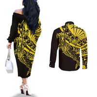 Yellow Marquesas Islands Couples Matching Off The Shoulder Long Sleeve Dress and Long Sleeve Button Shirt Marquesan Matatiki Hammerhead Shark Patutiki LT14 - Polynesian Pride