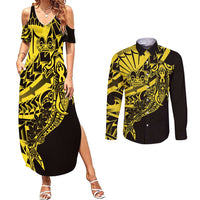 Yellow Marquesas Islands Couples Matching Summer Maxi Dress and Long Sleeve Button Shirt Marquesan Matatiki Hammerhead Shark Patutiki LT14 Yellow - Polynesian Pride