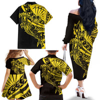 Yellow Marquesas Islands Family Matching Off The Shoulder Long Sleeve Dress and Hawaiian Shirt Marquesan Matatiki Hammerhead Shark Patutiki LT14 - Polynesian Pride