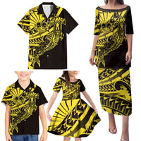 Yellow Marquesas Islands Family Matching Puletasi and Hawaiian Shirt Marquesan Matatiki Hammerhead Shark Patutiki LT14 - Polynesian Pride