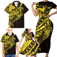 Yellow Marquesas Islands Family Matching Short Sleeve Bodycon Dress and Hawaiian Shirt Marquesan Matatiki Hammerhead Shark Patutiki LT14 - Polynesian Pride