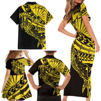 Yellow Marquesas Islands Family Matching Short Sleeve Bodycon Dress and Hawaiian Shirt Marquesan Matatiki Hammerhead Shark Patutiki LT14 - Polynesian Pride
