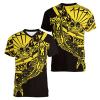 Yellow Marquesas Islands Women V-Neck T-Shirt Marquesan Matatiki Hammerhead Shark Patutiki LT14 - Polynesian Pride