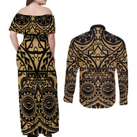 Austral Islands Couples Matching Off Shoulder Maxi Dress and Long Sleeve Button Shirt Tuhaa Pae Penu Stars Necklace Gold LT14 - Polynesian Pride