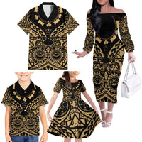 Austral Islands Family Matching Off The Shoulder Long Sleeve Dress and Hawaiian Shirt Tuhaa Pae Penu Stars Necklace Gold LT14 - Polynesian Pride
