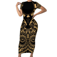 Austral Islands Short Sleeve Bodycon Dress Tuhaa Pae Penu Stars Necklace Gold LT14 Long Dress Gold - Polynesian Pride