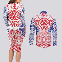 Austral Islands Couples Matching Long Sleeve Bodycon Dress and Long Sleeve Button Shirt Tuhaa Pae Penu Stars Necklace Red LT14 - Polynesian Pride