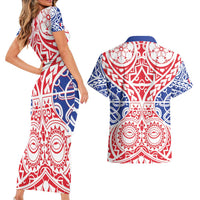 Austral Islands Couples Matching Short Sleeve Bodycon Dress and Hawaiian Shirt Tuhaa Pae Penu Stars Necklace Red LT14 - Polynesian Pride