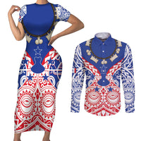 Austral Islands Couples Matching Short Sleeve Bodycon Dress and Long Sleeve Button Shirt Tuhaa Pae Penu Stars Necklace Red LT14 Red - Polynesian Pride