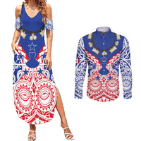 Austral Islands Couples Matching Summer Maxi Dress and Long Sleeve Button Shirt Tuhaa Pae Penu Stars Necklace Red LT14 Red - Polynesian Pride