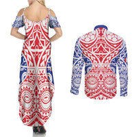 Austral Islands Couples Matching Summer Maxi Dress and Long Sleeve Button Shirt Tuhaa Pae Penu Stars Necklace Red LT14 - Polynesian Pride