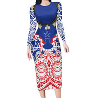 Austral Islands Family Matching Long Sleeve Bodycon Dress and Hawaiian Shirt Tuhaa Pae Penu Stars Necklace Red LT14 Mom's Dress Red - Polynesian Pride