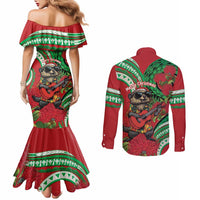 Mele Kalikimaka Hawaii Couples Matching Mermaid Dress and Long Sleeve Button Shirt Mongoose Santa With Ohia Lehua LT14 - Polynesian Pride