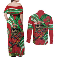 Mele Kalikimaka Hawaii Couples Matching Off Shoulder Maxi Dress and Long Sleeve Button Shirt Mongoose Santa With Ohia Lehua LT14 - Polynesian Pride