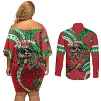 Mele Kalikimaka Hawaii Couples Matching Off Shoulder Short Dress and Long Sleeve Button Shirt Mongoose Santa With Ohia Lehua LT14 - Polynesian Pride