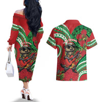 Mele Kalikimaka Hawaii Couples Matching Off The Shoulder Long Sleeve Dress and Hawaiian Shirt Mongoose Santa With Ohia Lehua LT14 - Polynesian Pride