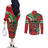 Mele Kalikimaka Hawaii Couples Matching Off The Shoulder Long Sleeve Dress and Long Sleeve Button Shirt Mongoose Santa With Ohia Lehua LT14 - Polynesian Pride