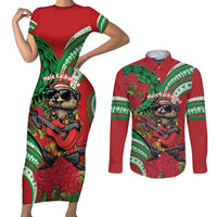Mele Kalikimaka Hawaii Couples Matching Short Sleeve Bodycon Dress and Long Sleeve Button Shirt Mongoose Santa With Ohia Lehua LT14 Red - Polynesian Pride