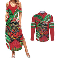 Mele Kalikimaka Hawaii Couples Matching Summer Maxi Dress and Long Sleeve Button Shirt Mongoose Santa With Ohia Lehua LT14 Red - Polynesian Pride