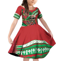 Mele Kalikimaka Hawaii Family Matching Off Shoulder Short Dress and Hawaiian Shirt Mongoose Santa With Ohia Lehua LT14 Daughter's Dress Red - Polynesian Pride