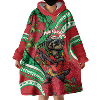 Mele Kalikimaka Hawaii Wearable Blanket Hoodie Mongoose Santa With Ohia Lehua LT14 - Polynesian Pride