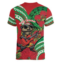 Mele Kalikimaka Hawaii Women V-Neck T-Shirt Mongoose Santa With Ohia Lehua LT14 - Polynesian Pride
