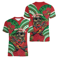Mele Kalikimaka Hawaii Women V-Neck T-Shirt Mongoose Santa With Ohia Lehua LT14 - Polynesian Pride