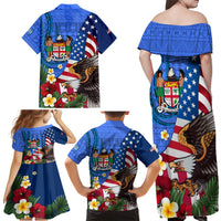 United States And Fiji Family Matching Off Shoulder Maxi Dress and Hawaiian Shirt USA Flag Eagle Mix Fijian Coat Of Arms Tapa Pattern LT14 - Polynesian Pride