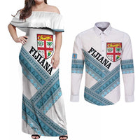 Custom Fiji Tapa Rugby 2025 Couples Matching Off Shoulder Maxi Dress and Long Sleeve Button Shirt Go Champions Fijiana LT14 White - Polynesian Pride