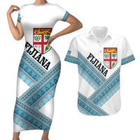 Custom Fiji Tapa Rugby 2025 Couples Matching Short Sleeve Bodycon Dress and Hawaiian Shirt Go Champions Fijiana LT14 White - Polynesian Pride