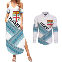 Custom Fiji Tapa Rugby 2025 Couples Matching Summer Maxi Dress and Long Sleeve Button Shirt Go Champions Fijiana LT14 White - Polynesian Pride