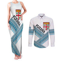 Custom Fiji Tapa Rugby 2025 Couples Matching Tank Maxi Dress and Long Sleeve Button Shirt Go Champions Fijiana LT14 White - Polynesian Pride