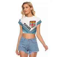 Custom Fiji Tapa Rugby 2025 Raglan Cropped T Shirt Go Champions Fijiana LT14 Female White - Polynesian Pride