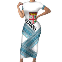 Custom Fiji Tapa Rugby 2025 Short Sleeve Bodycon Dress Go Champions Fijiana LT14 Long Dress White - Polynesian Pride