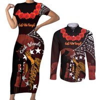 Cook Islands ANZAC Day Couples Matching Short Sleeve Bodycon Dress and Long Sleeve Button Shirt Poppies With Sea Turtle LT14 Red - Polynesian Pride