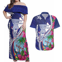 Biba Guam Liberation Day Couples Matching Off Shoulder Maxi Dress and Hawaiian Shirt Tano y Chamoru Latte Stone Blue LT14 Blue - Polynesian Pride