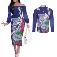 Biba Guam Liberation Day Couples Matching Off The Shoulder Long Sleeve Dress and Long Sleeve Button Shirt Tano y Chamoru Latte Stone Blue LT14 Blue - Polynesian Pride